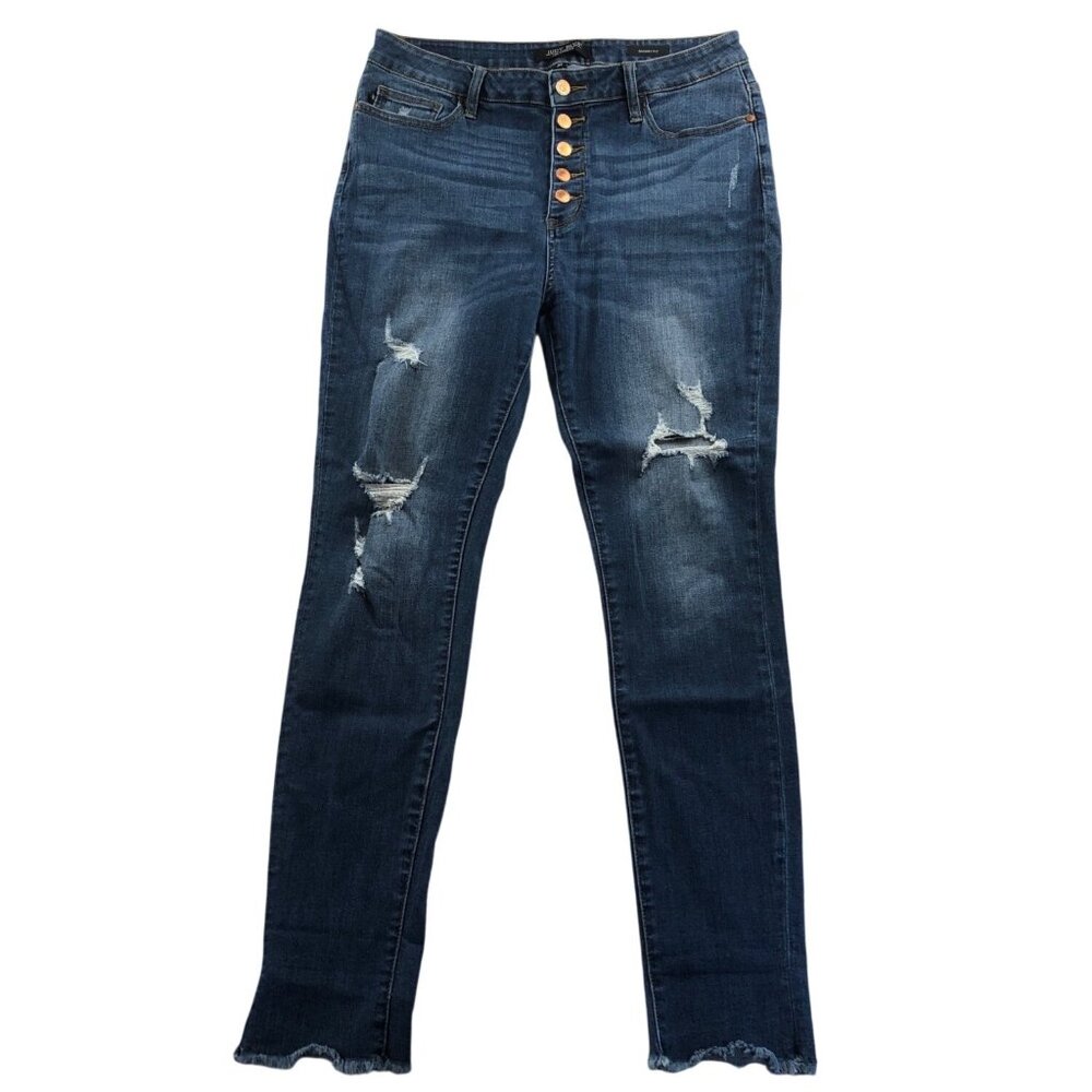 Judy Blue Women's Jeans 31 Skinny Fit Distressed High-Rise Denim w/ Frayed Hem